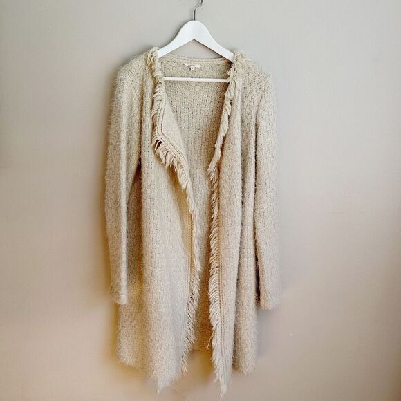 Mystree Small Ivory Fringed Long Knit Sweater Coat Duster - Picture 1 of 8